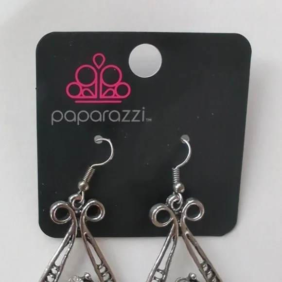 Boutique Paparazzi Silver Tone Clear and White Accent Tear Drop Earrings - Picture 3 of 5